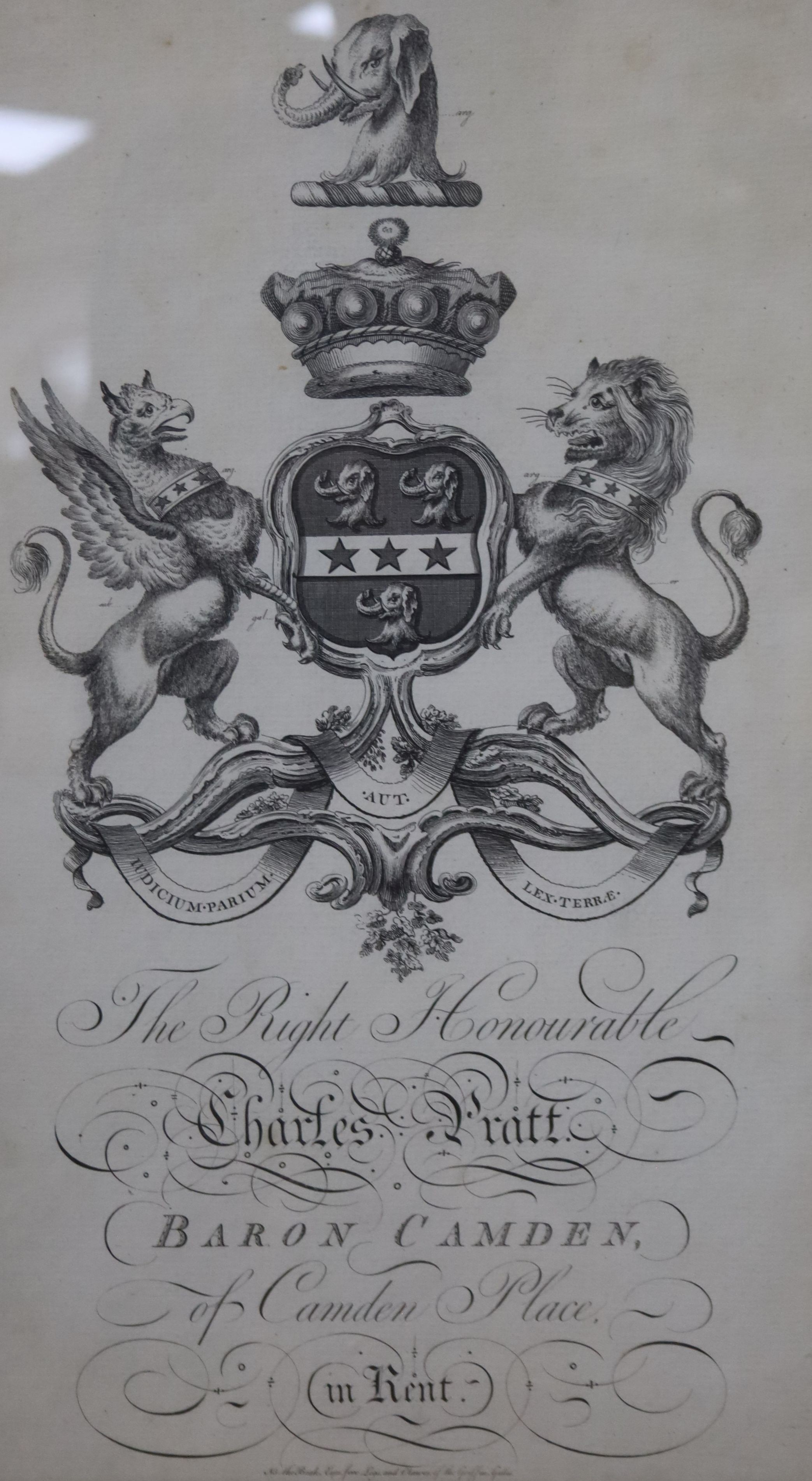 An 18th century engraving, Armorial of Charles Pratt, Baron of Camden of Hampden Place, Kent, 42 x 23cm